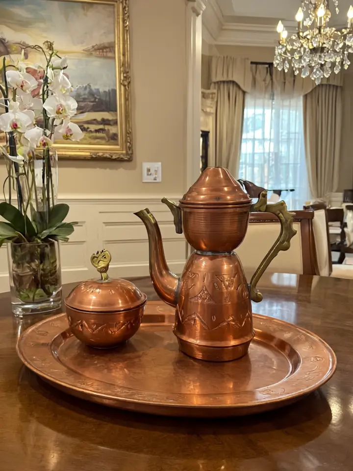 Traditional Moroccan Copper Set – 3 Pieces (Tray, Coffee Pot, Sugar Bowl)