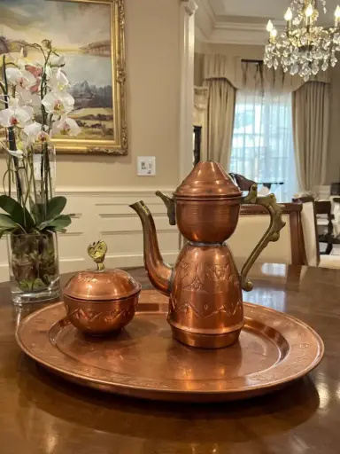 Traditional Moroccan Copper Set – 3 Pieces (Tray, Coffee Pot, Sugar Bowl)